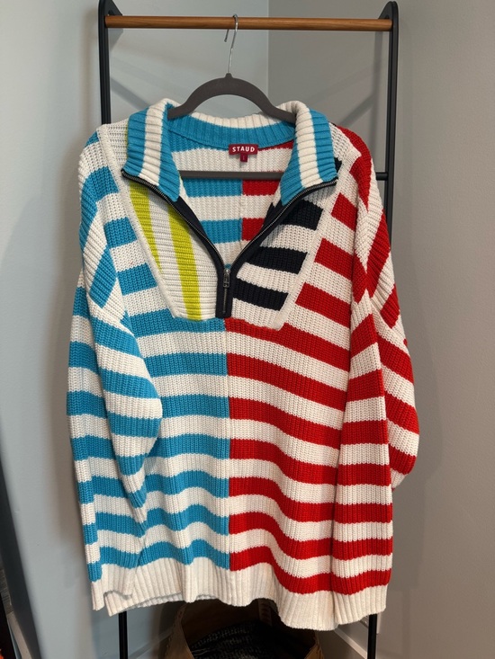 STAUD Sweaters - STAUD Women’s Oversized Hampton Striped Quarter-Zip Sweater in Blue, Red & White